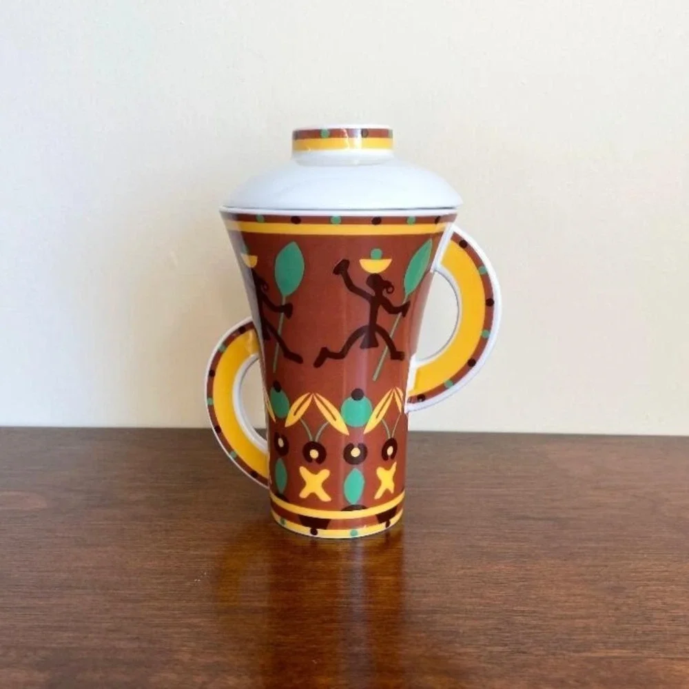 Kahla Germany Porcelain Coffee Tea‎ Mug Tall Cup with Lid Africa Theme Dancers